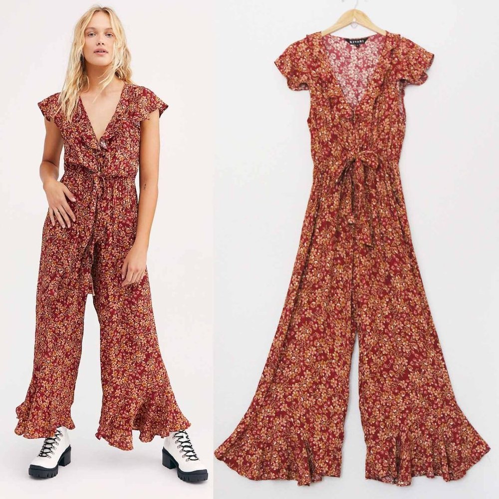 Free People x Kivari Quinn Tie Front Flared Ruffle Jumpsuit S Retro Capri $160
